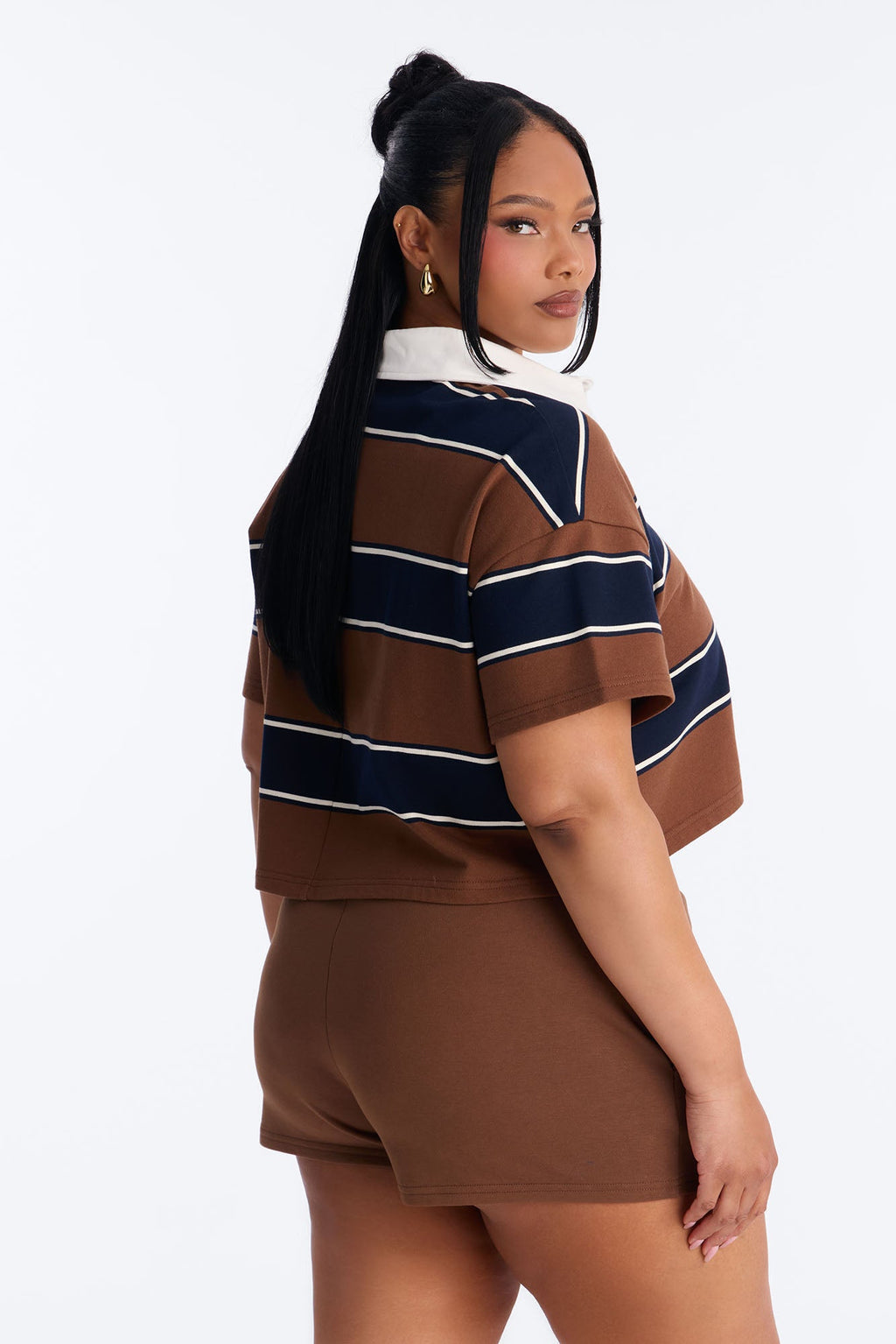 Sydney Striped Polo Lounge Short Set - Chocolate
