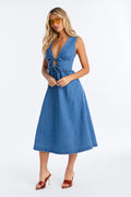 Rory Pleated Denim Midi Dress - Medium Wash