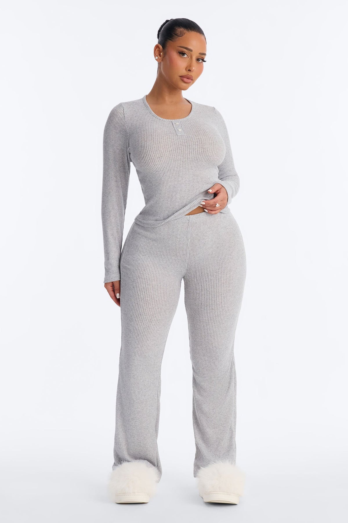 Slumber Haven Ribbed Long Sleeve PJ Pant Set - Heather Grey
