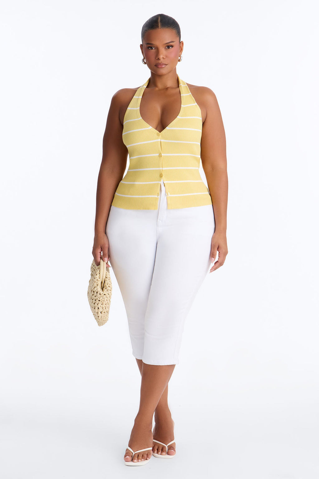 Katrina Striped Ribbed Halter Top - Yellow/combo