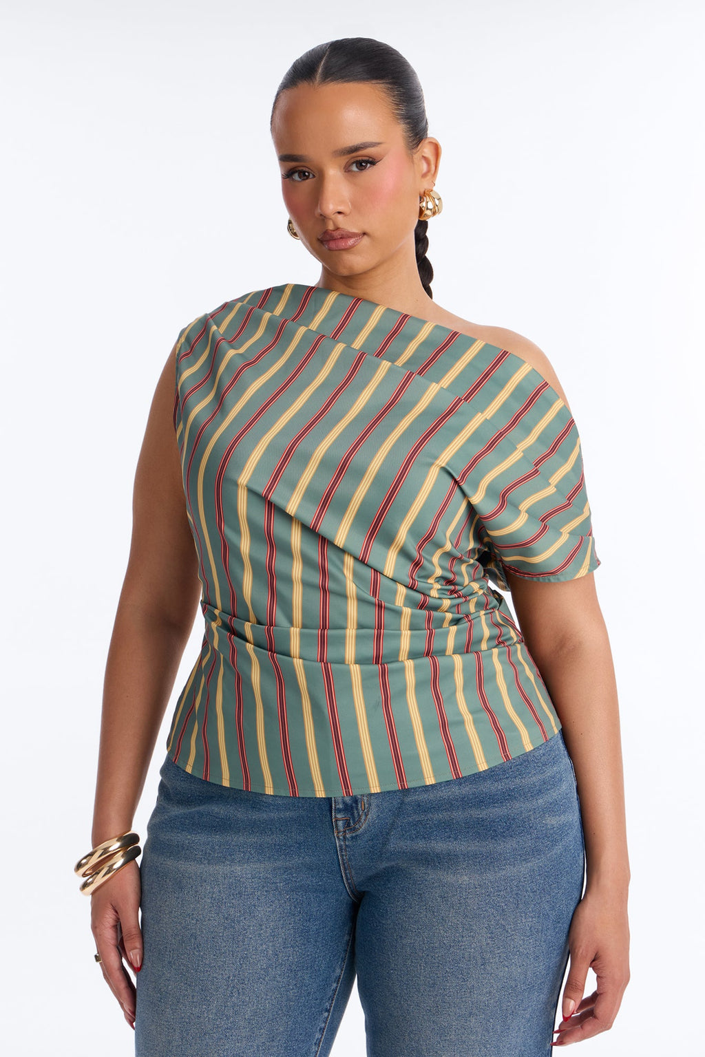 Set The Tone One Shoulder Striped Top - Green/combo