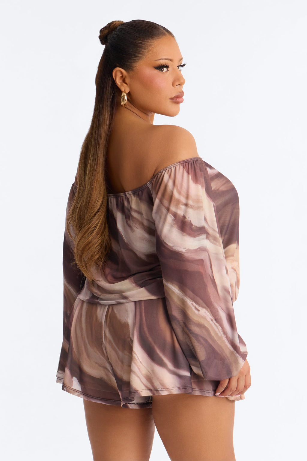 Rana Mesh Off Shoulder Romper - Brown