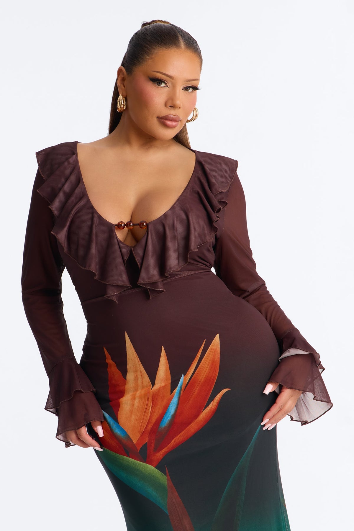 Erica Ruffle Mesh Maxi Dress - Brown/combo